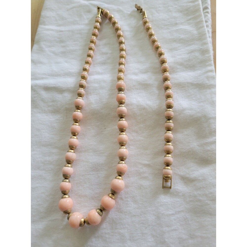 Vintage Avon Faux Angel Skin Marbled Pink & Gold Bead Necklace & Bracelet Set - Picture 2 of 6